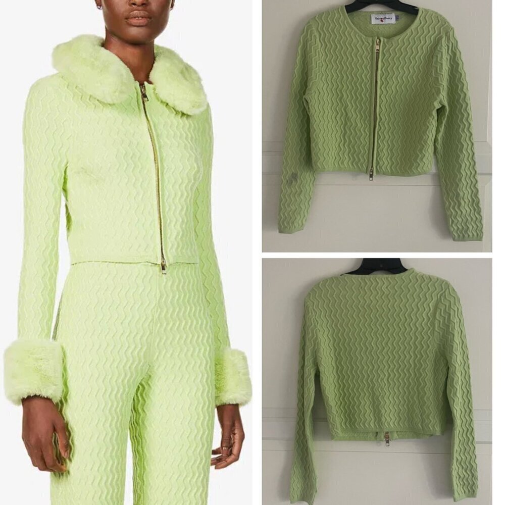 House of Sunny Green Textured Knit Full Zip Up Cardigan Sweater 37669